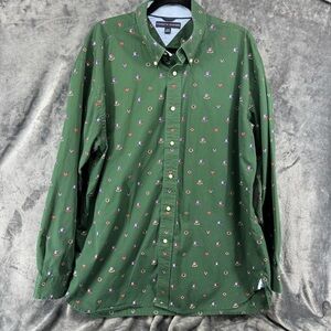 Tommy Hilfiger Vintage Green Logo Button Down Long Sleeve Shirt Size XL
